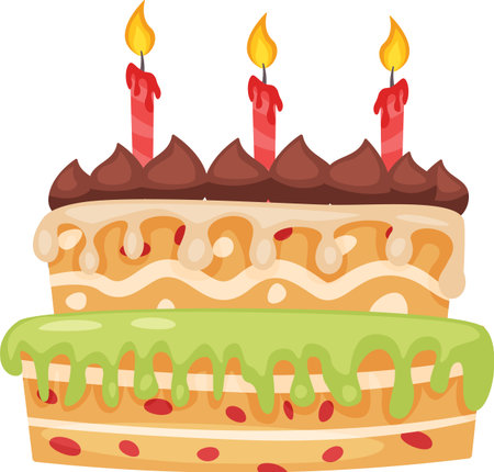Two tiered birthday cake features three lit red candles, rich chocolate frosting, and layers of moist cake, creating a festive centerpiece for a celebrationのイラスト素材