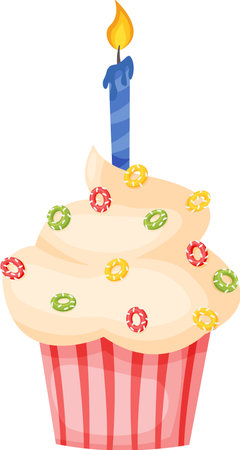 Creamy cupcake decorated with colorful sprinkles and a lit blue candle, perfect for celebrating a birthday or special occasion, bringing joy and sweetness to any celebrationのイラスト素材