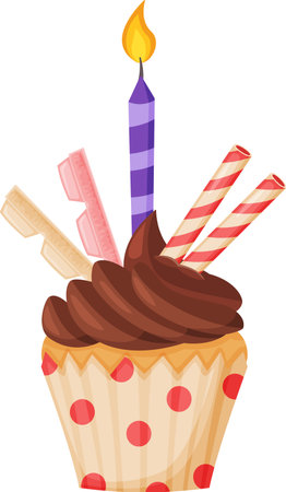 Chocolate cupcake with lit purple candle, wafer rolls, chocolate bar and pink chewing gum celebrating a birthday party, isolated on white backgroundのイラスト素材
