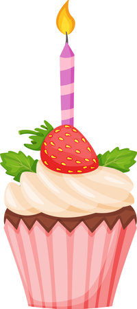 Pink cupcake with chocolate topping, decorated with whipped cream, fresh strawberry, mint leaves and lit birthday candle, isolated on white backgroundのイラスト素材