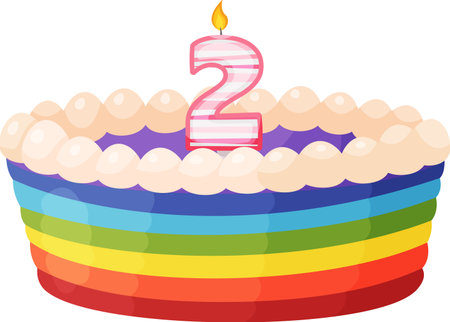 Colorful rainbow layered birthday cake featuring a lit number two candle and creamy frosting, celebrating the joyous occasion of a second birthday party with friends and familyのイラスト素材