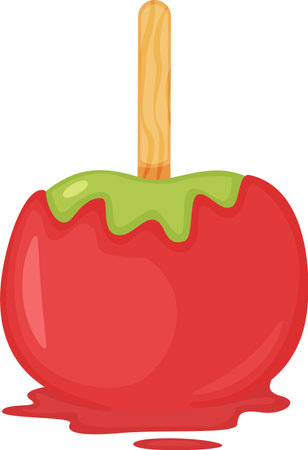 Sweet candy apple coated in red caramel dripping with green caramel on a wooden stick, a classic autumn dessert perfect for halloween celebrations or fall festivalsのイラスト素材