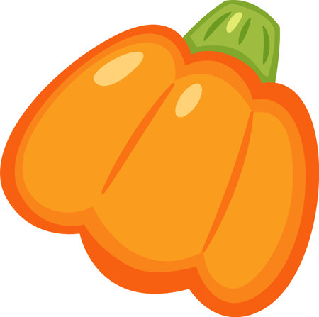 Cartoon illustration featuring an orange bell pepper with a vibrant green stem, resting on a clean white background, symbolizing fresh produce and promoting healthy eating habitsのイラスト素材