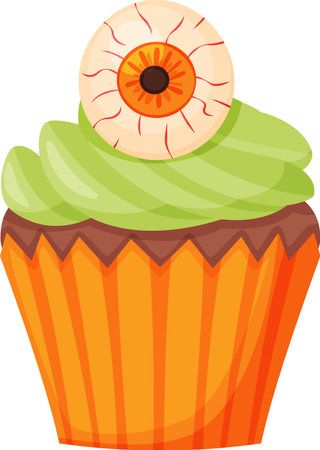 Spooky Halloween cupcake featuring vibrant green frosting, rich chocolate topping, and a creepy eye decoration, adding a fun touch to any Halloween celebration or partyのイラスト素材