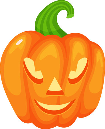 Halloween pumpkin with carved face smiling, glowing eyes and green curved stem on white background representing the spooky and festive spirit of halloweenのイラスト素材