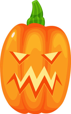 Illuminated orange Halloween pumpkin featuring a carved, scary face with sharp teeth, topped with a green stalk, set against a clean white background, creating a festive autumn vibeのイラスト素材