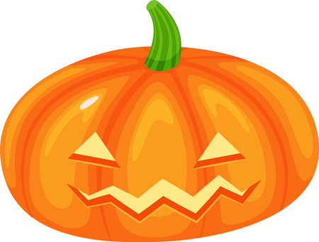 Large, ripe orange pumpkin featuring a carved scary face and a vibrant green stem, serving as a perfect Halloween night decoration, isolated against a clean white backgroundのイラスト素材