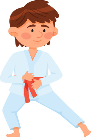 Boy wearing a white keikogi and red obi, practicing martial arts while tying his belt and preparing for an exciting training session, embodying focus and determinationのイラスト素材