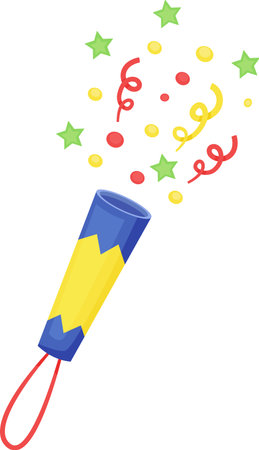 Colorful party popper exploding with confetti and green stars, creating a festive and celebratory atmosphere, perfect for birthdays, New Year s Eve, or any special occasionのイラスト素材