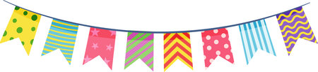 Vibrant pennants with various patterns and colors hanging on a string, creating a cheerful and festive atmosphere perfect for celebrations, parties, and joyful occasionsのイラスト素材