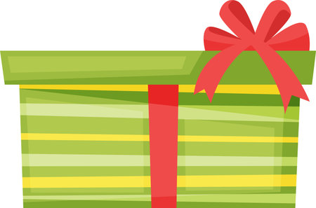 Festive green and yellow striped gift box, beautifully adorned with a vibrant red ribbon and bow, radiates celebration and anticipation, perfect for special occasions and joyful surprisesのイラスト素材