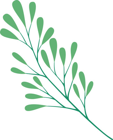 Stylized green branch with delicate small leaves growing against a bright white background, offering a simple yet elegant botanical illustration that embodies the beauty of natureのイラスト素材
