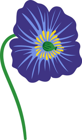 Vibrant illustration of a blue poppy flower with a green stem and yellow center, isolated on a white background, offering a simple yet striking botanical designのイラスト素材