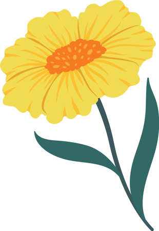 Yellow flower with orange center and green leaves growing on white background, simple vector illustration in flat cartoon style, perfect for nature, spring, summer, or floral themed designsのイラスト素材