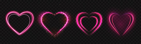 Red glowing hearts. Pink neon luminous love 3D y2k symbols with sparks, abstract wedding, Valentines and Mother Day light hearts for romantic invitation card. Vector isolated set.のイラスト素材
