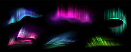 Aurora northern light and borealis background with polar sky and color gradient in winter night. Arctic ray effect for Lapland, Alaska and Nordic landscape. Magical vector panorama, abstract nature.のイラスト素材