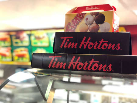 Boxes kept on top of each other at the Tim Hortons coffee shop in New York, USA - August 15 2018のeditorial素材
