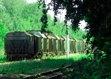 The photo shows wagons waiting for their turn at the sorting stationの写真素材