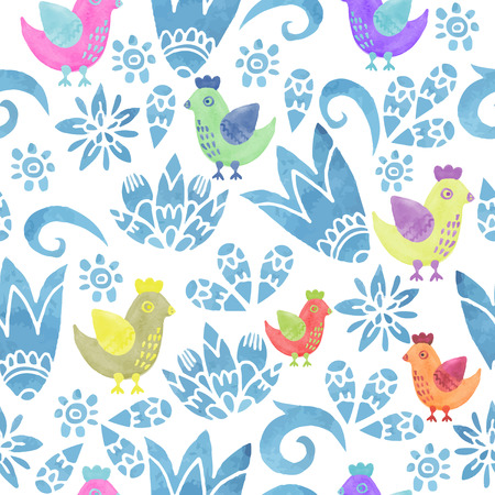 watercolor sketch seamless pattern with flower and chickenのイラスト素材
