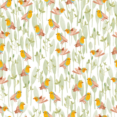 pencil sketch seamless pattern with flowers and bird robinのイラスト素材