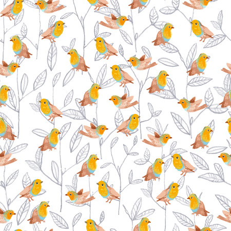 pencil sketch seamless pattern with flowers and bird robinのイラスト素材