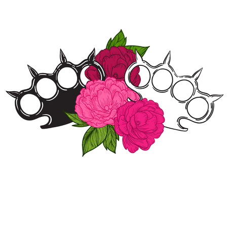 brass knuckles in roses. Old school tatoo style with weapon. vector illustration.のイラスト素材