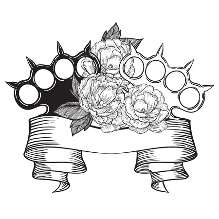 brass knuckles in roses. Old school tatoo style with weapon. vector illustration.のイラスト素材
