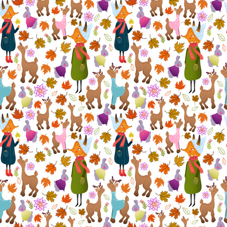 Cute autumn seamless pattern with forest animals: fox, deer, doe, rabbit. Funny animals childish design. Cute animals in warm clothes. Wonderful autumnal pattern paper or fabric.のイラスト素材