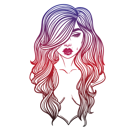 Vampire Girl Line Art. Hand drawn vector illustration. Black line on white background. Cartoon style. Could be used as design for coloring book or as part of Halloween decor.のイラスト素材