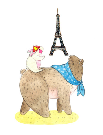 watercolor illustration of a cute teddy bear and bunny and national symbol of France Eiffel Tower. children's book illustrationの写真素材