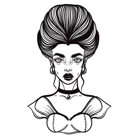 Vintage vector illustration of a woman in the Baroque style. Tattoo illustration. Woman in a suit for a holiday. Gothic print.のイラスト素材