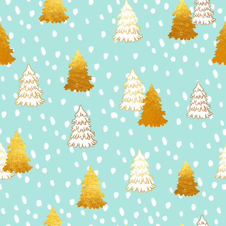 Vector seamless pattern with New Year, gold Christmas trees and white snowflakes. Abstract background. Winter illustration.のイラスト素材