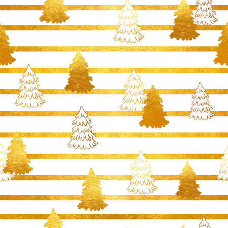 Vector seamless pattern with New Year, gold Christmas trees and stripes. Abstract background. Winter illustration.のイラスト素材