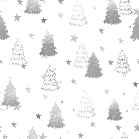 Vector seamless pattern with New Year, silver Christmas trees and magic stars. Abstract background. Winter illustration.のイラスト素材