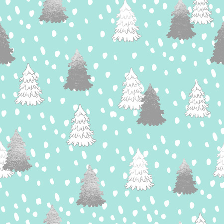 Vector seamless pattern with New Year, silver Christmas trees and winter snow. Abstract background. Winter illustration.のイラスト素材