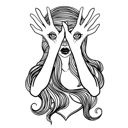 Mysterious monster girl with eyes on the hands. Hand drawn vector illustration. Tattoo style. Could be used as design for coloring book or as part of Halloween decor.のイラスト素材