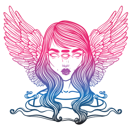 Portrait of mystic angel or demon of death in the form of a girl with three eyes. Vector illustration of a girl mutant. The oracle with three all-seeing eye. linear tattoo illustrationのイラスト素材