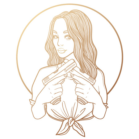 criminal beautiful girl with two guns. vector illustration with sexy girl, tattoo style. line art. gang with weapons. mafia.のイラスト素材