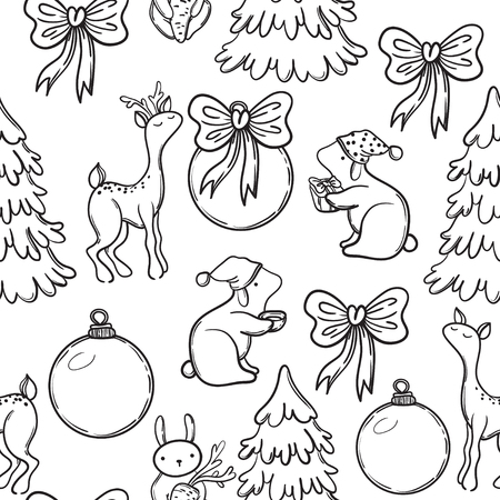 Cute Christmas seamless pattern with animals deer, doe, rabbit, lamb. Christmas Tree and cute animals. Funny animals childish design. Wonderful winter pattern for paper or fabric.のイラスト素材