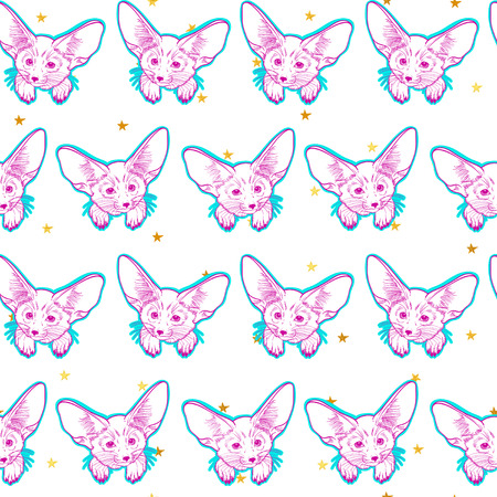 Seamless pattern with cute fox animal and gold stars. Little fox Fennec. Children linear illustration. To print T-shirts, bags or cover.のイラスト素材