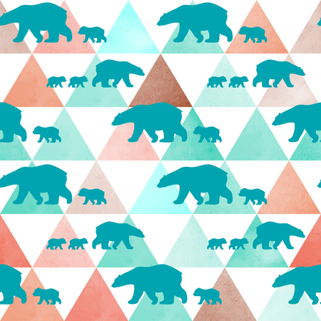 Cute seamless pattern with winter polar bear. Mother and her child. Watercolor mountains in the background. Cute children pattern. Perfect for background paper or textiles.のイラスト素材