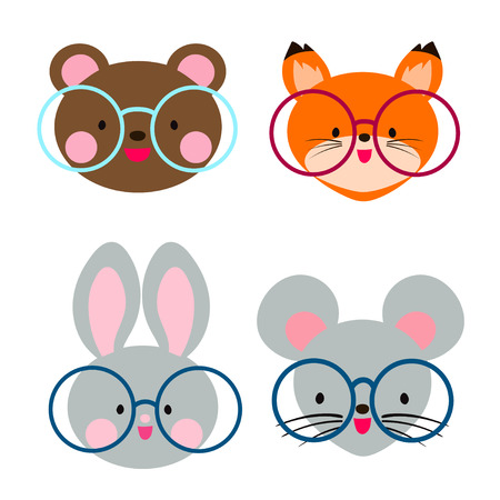 Cute animal head with glasses. Teddy bear, rabbit, fox and mouse. Cute Japanese anime style.のイラスト素材