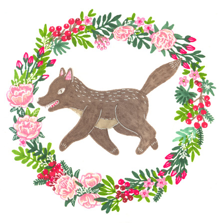 Watercolor illustration of a gray wolf and a wreath of flowers. Illustration to the fairy tale Little Red Riding Hood. The wreath of peonies, berries and leaves.の写真素材