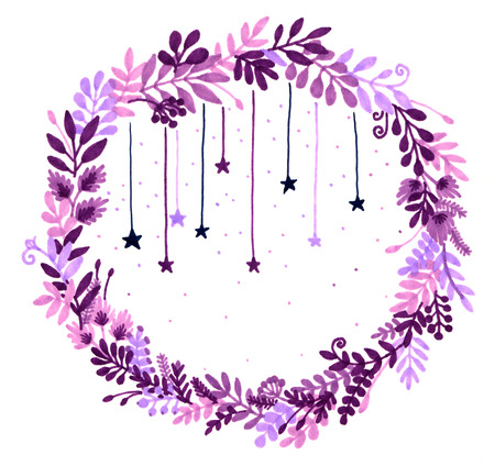 Watercolor illustration of a wreath of flowers and berries and magical stars. Summer print. Christmas wreath. soft blurred imageの写真素材