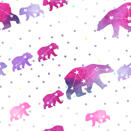 Cute seamless pattern with watercolor winter polar bear and snowflakes. Mother and her child. Constellation bears. Cute children pattern. Perfect for background paper or textiles.のイラスト素材
