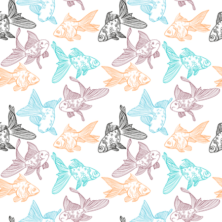 Vector seamless pattern with image of a fishes. Goldfish and perch. Linear fish for coloring books.のイラスト素材