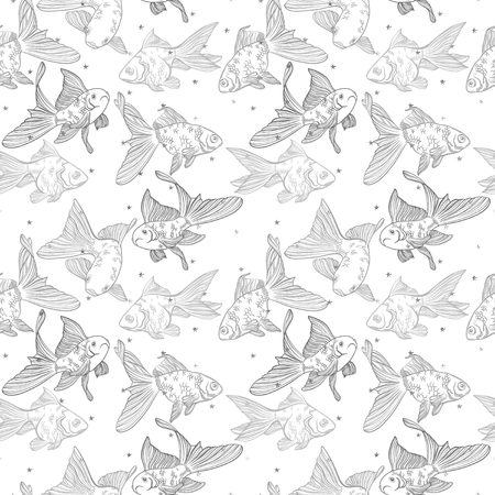 Vector seamless pattern with image of a fishes. Goldfish and perch. Linear fish for coloring books.のイラスト素材