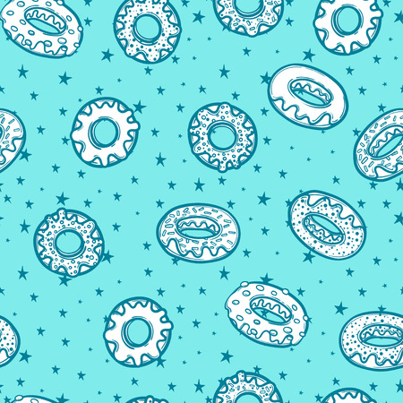 Seamless pattern with delicious donuts. Hand-drawn Vector illustration. Sweet desserts with fudge.のイラスト素材