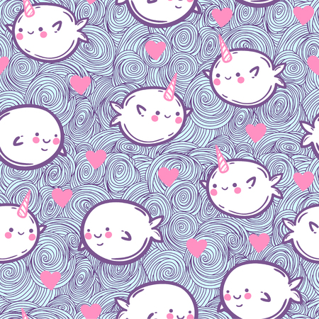 Funny vector seamless pattern with unicorn fish. Cute whales and narwhals in hearts. Children's drawing.のイラスト素材