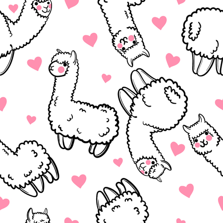 Seamless vector pattern with cute alpacas and hearts. Child illustration with a lama from Peru. In the Japanese anime style.のイラスト素材